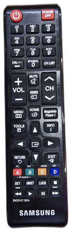 Samsung kaukosäädin televisiolle ja infonäytöllä